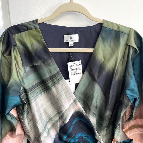 Socialite Olive Teal Abstract Marble Print Wrap Mini Dress WDR121749-N New Small - Picture 4 of 12